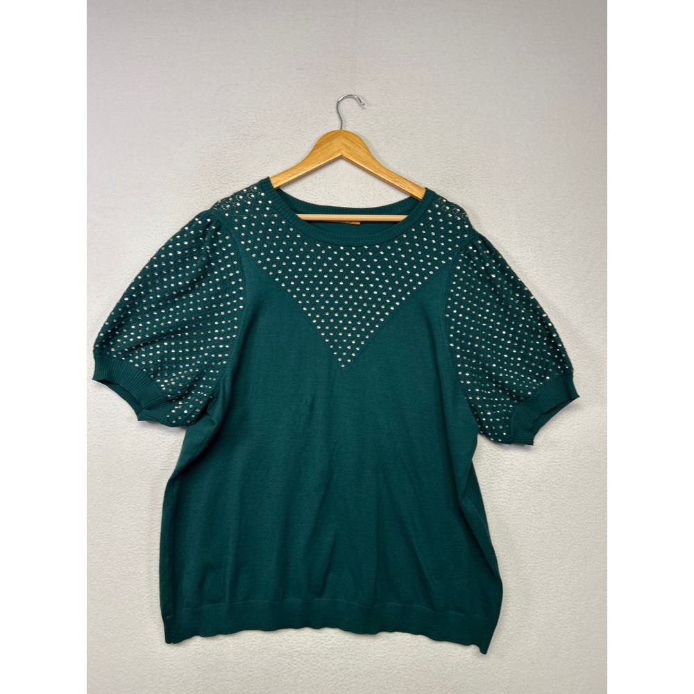 Glam Festive Belldini Womens 3X Green Rhinestone Puff Sleeve Knit Sweater Top